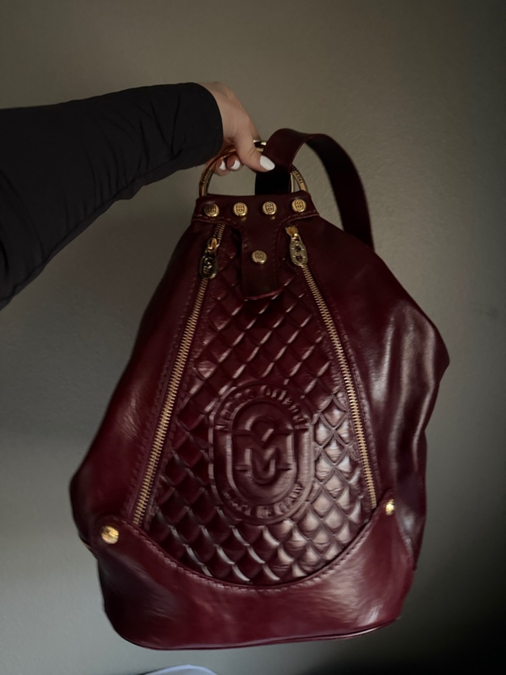Women's Burgundy Leather Backpack Tote with Quilted Front